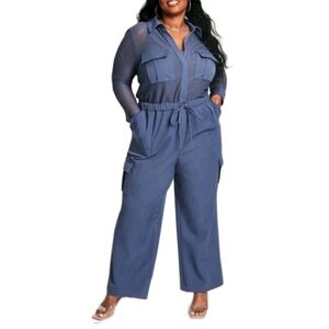 NWT Nina Parker Macy's Mesh Jumpsuit 22W Plus Size Blue Indigo Long Sleeve $129